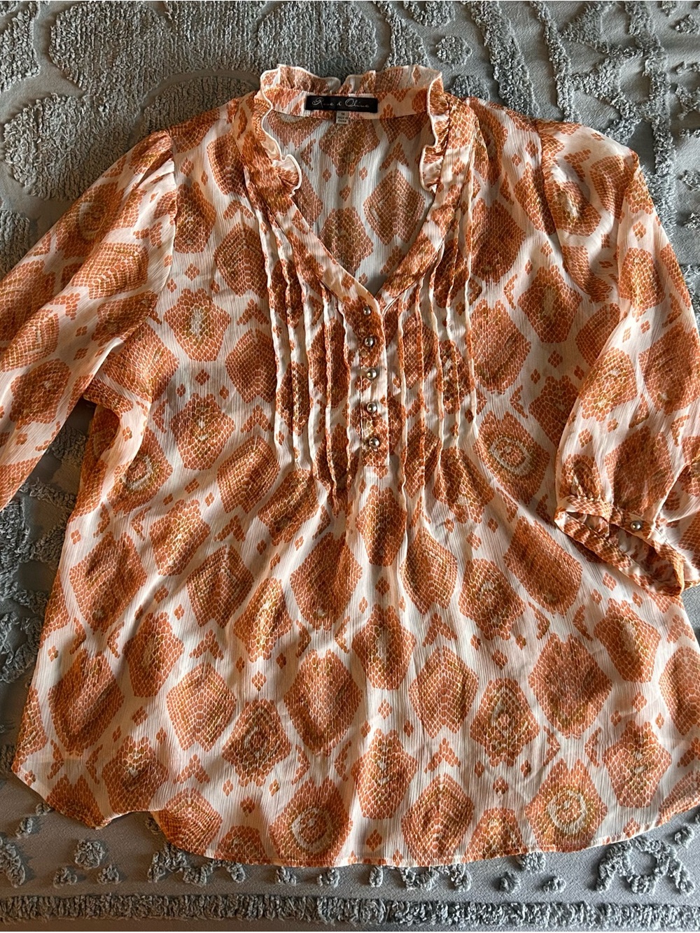 Cole Haan Orange Printed Ruffle Pintuck Blouse